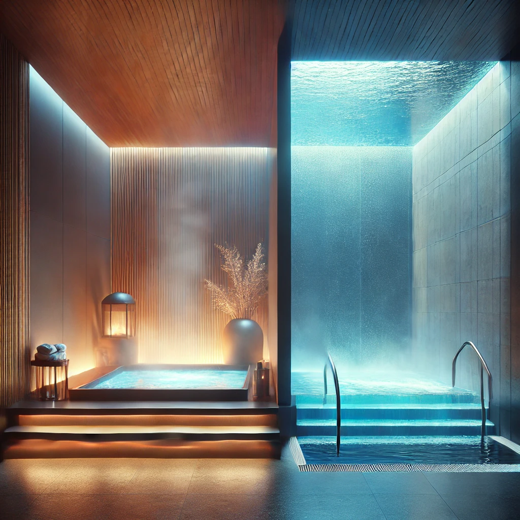 A modern spa setting featuring a hot tub with steaming warm water next to a cold plunge pool with a cool blue tone, designed for relaxation and recovery.