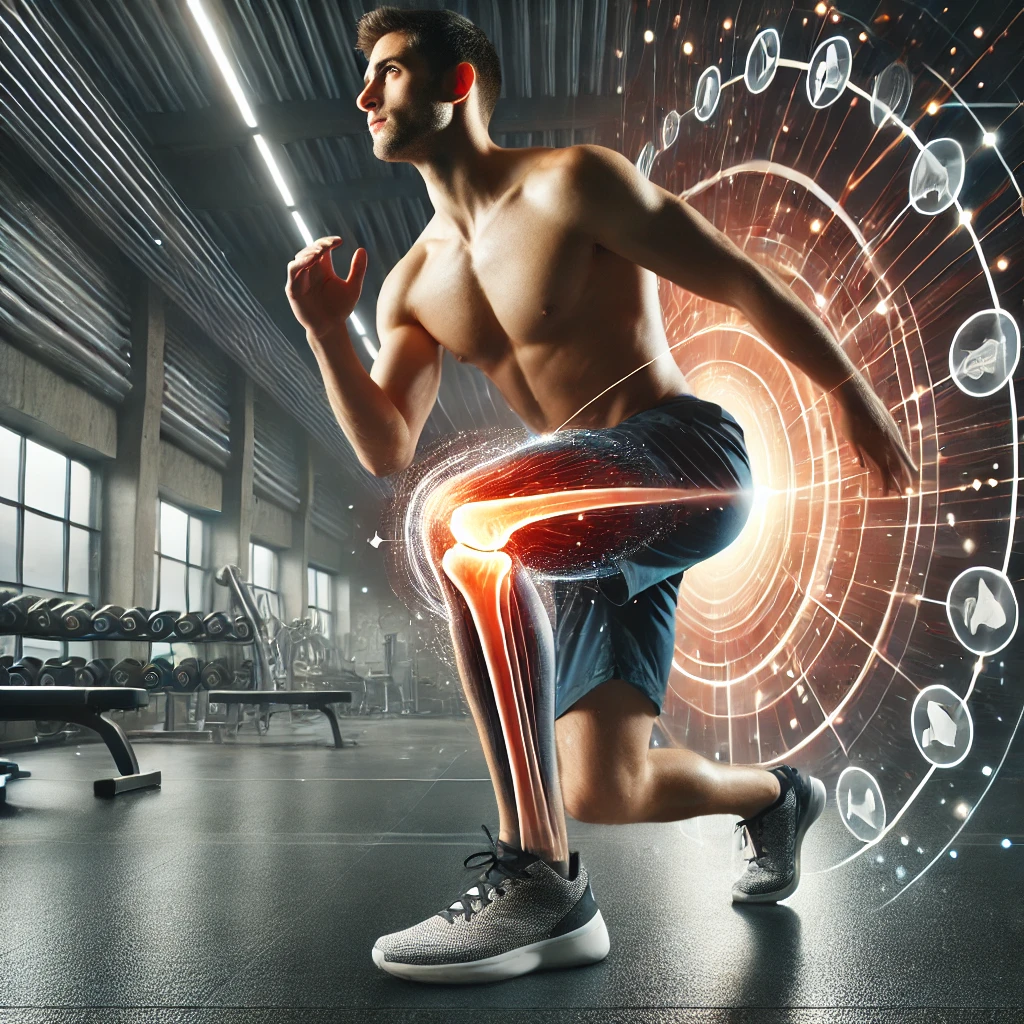 An athletic individual performing a knee-friendly leg exercise, such as a Bulgarian split squat, in a modern gym with excellent lighting. The background subtly highlights elements related to joint health, including a stylized knee joint illustration and a motion effect representing mobility and longevity. The image is clean, engaging, and ideal for fitness content