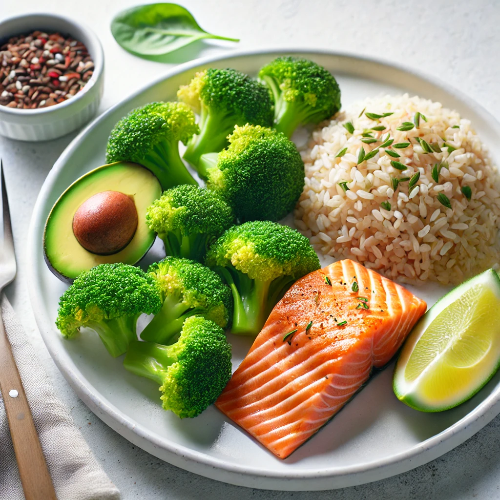A balanced meal with portion-controlled wild salmon, steamed broccoli, a small slice of avocado, and brown rice on a white plate