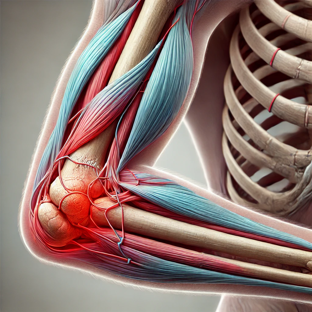 Anatomical illustration of tennis elbow self-treatment, highlighting the lateral epicondyle pain point. This image shows the outer elbow view with inflammation in red, helping visualize lateral epicondylitis.