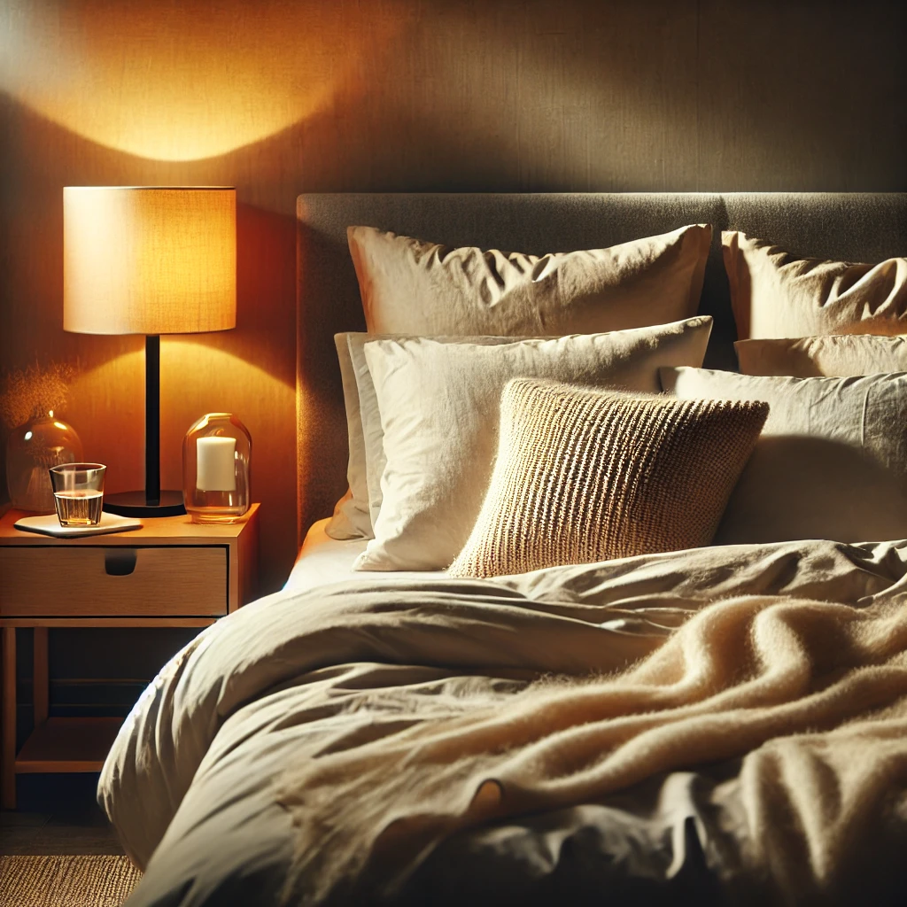 cozy, well-made bed with soft pillows and a plush blanket in a warmly lit bedroom, creating a peaceful and inviting atmosphere for restful sleep.