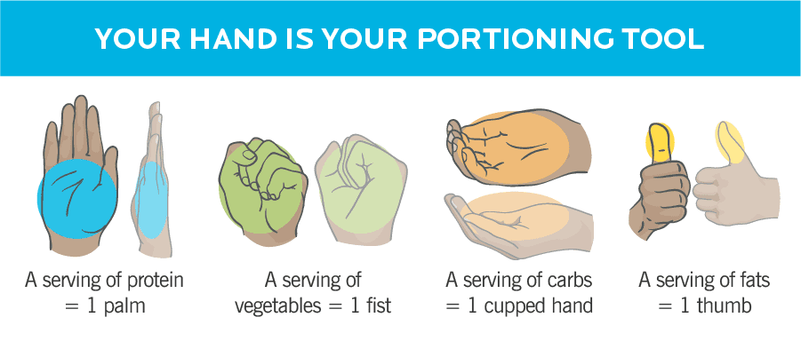 Hand portioning guide for food servings, showing palm for protein, fist for vegetables, cupped hand for carbs, and thumb for fats