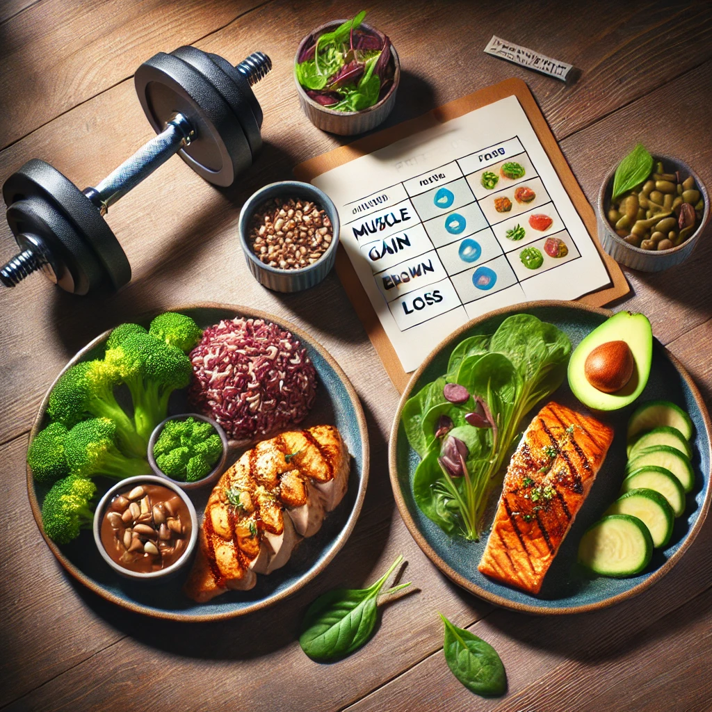 "Two contrasting meal plates on a wooden table: one for muscle gain with grilled chicken, brown rice, and broccoli, and one for fat loss with grilled salmon, leafy greens, and avocado. A dumbbell and a meal plan notepad in the background emphasize the fitness theme."