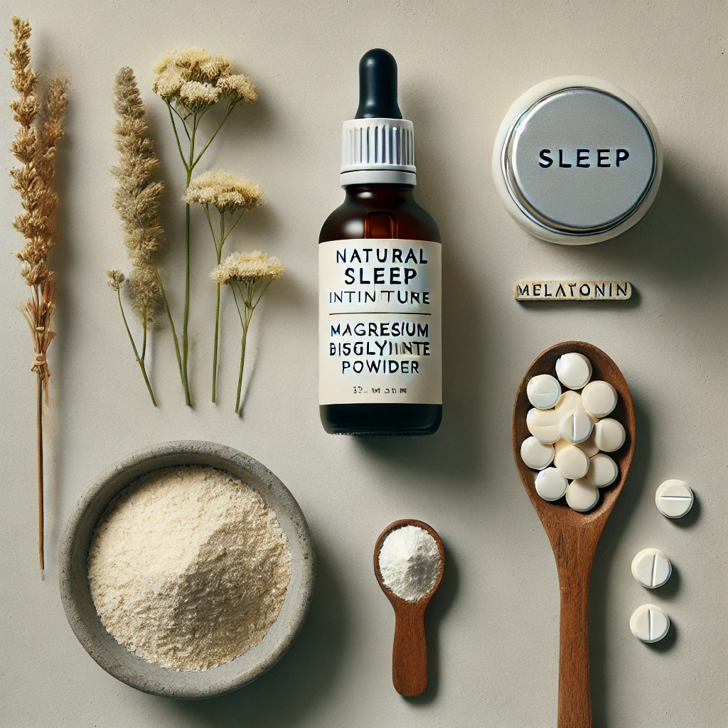 A flat-lay image of natural sleep ingredients, including a bottle of herbal sleep tincture with a dropper, a scoop of magnesium bisglycinate powder, and a few melatonin tablets, arranged on a clean surface.