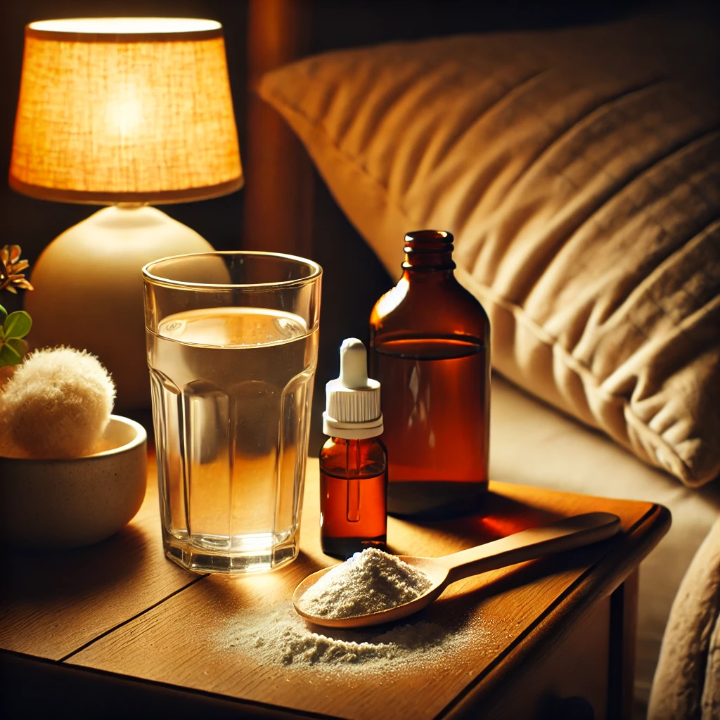 A glass of natural sleep potion on a bedside table, accompanied by a dropper bottle and a scoop of magnesium powder, creating a relaxing nighttime atmosphere.
